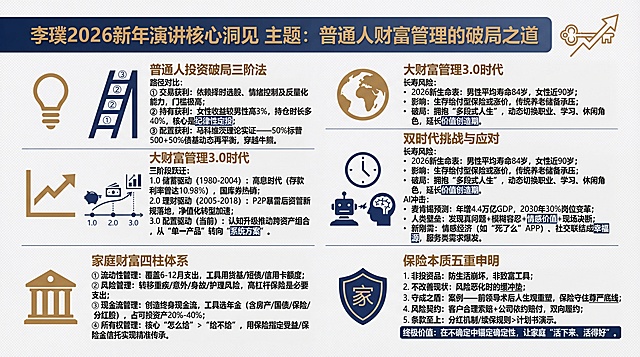 # 16:9横向知识卡片生成提示词
### 核心规格
16:9横向尺寸、商业专业风知识卡片，金融财富管理主题，配色以**藏青+金棕+浅灰**为主，字体用无衬线体（标题粗体、正文常规体），文字严格保留原文内容/符号/加粗关键词，模块间用简约分割线区分，配图为**扁平化轻插画小图标**（不遮挡文字，与模块内容强关联），整体逻辑顺序按原文排布，层级清晰、信息密度适中，适配高效传播。

### 视觉整体要求
卡片背景为浅灰低纹理质感，标题区做藏青底金棕字渐变，各模块小标题用金棕粗体，核心加粗关键词为藏青描边，符号（💡📈🌍🏦🛡）放大为金棕矢量图标置于对应模块左侧，配图图标统一为藏青单色，尺寸占模块横向15%，位于文字左侧。

### 分模块内容+配图设计（文字完全保留原文，仅标注配图建议）
#### 模块1：开篇标题区（卡片顶部通栏）
**文字**：李璞2026新年演讲核心洞见 主题：普通人财富管理的破局之道
**配图**：简约金棕线条勾勒的“财富钥匙+箭头”组合图标，置于标题右侧

#### 模块2：💡 普通人投资破局三阶法（标题左侧放💡金棕图标）
**文字**：路径对比：
① 交易获利：依赖择时选股、情绪控制及反量化能力，门槛极高；
② 持有获利：女性收益较男性高3%，持仓时长多40%，核心是纪律性定投；
③ 配置获利：马科维茨理论实证——50%标普500+50%债基动态再平衡，穿越牛熊。
**配图**：左侧放**三层阶梯扁平化图标**（阶梯依次标注①②③，阶梯向上渐变），与文字左对齐

#### 模块3：📈 大财富管理3.0时代（标题左侧放📈金棕图标）
**文字**：三阶段跃迁：
1.0 储蓄驱动（1980-2004）：高息时代（存款利率曾达10.98%），国库券热销；
2.0 理财驱动（2005-2018）：P2P暴雷后资管新规落地，净值化转型加速；
3.0 配置驱动（当前）：认知升级推动跨资产组合，从“单一产品”转向“系统方案”。
**配图**：左侧放**横向时间轴扁平化图标**（轴上标注1.0/2.0/3.0，对应节点配存钱罐/理财账本/资产组合图形），与文字左对齐

#### 模块4：🌍 双时代挑战与应对（标题左侧放🌍金棕图标）
**文字**：长寿风险：
* 2026新生命表：男性平均寿命84岁，女性近90岁；
* 影响：生存给付型保险或涨价，传统养老储备承压；
* 破局：拥抱“多段式人生”，动态切换职业、学习、休闲角色，延长价值创造期。
AI冲击：
* 麦肯锡预测：年增4.4万亿GDP，2030年30%岗位变革；
* 人类壁垒：发现真问题+模糊容忍+情感价值+现场决断；
* 新刚需：情感经济（如“死了么”APP）、社交联结成幸福源，服务类需求爆发。
**配图**：左侧放**左右双图标组合**（上为简约长寿时钟图标、下为机器人+人脑碰撞的扁平化图标），与文字左对齐

#### 模块5：🏦 家庭财富四柱体系（标题左侧放🏦金棕图标）
**文字**：1️⃣ 流动性管理：覆盖6-12月支出，工具用货基/短债/信用卡额度；
2️⃣ 风险管理：转移重疾/意外/身故/护理风险，高杠杆保险是必要支出；
3️⃣ 现金流管理：创造终身现金流，工具选年金（含房产/国债/保险/分红股），占可投资产20%-40%；
4️⃣ 所有权管理：核心“怎么给”＞“给不给”，用保险指定受益/保险金信托实现精准传承。
**配图**：左侧放**四根简约立柱扁平化图标**（立柱等宽，底部相连成整体），与文字左对齐

#### 模块6：🛡 保险本质五重申明（标题左侧放🛡金棕图标，卡片底部通栏模块）
**文字**：1. 非投资品：防生活崩坏，非致富工具；
2. 不改善现状：风险恶化时的缓冲垫；
3. 守成之盾：案例——前领导术后人生观重塑，保险守住尊严底线；
4. 风险契约：客户合理索赔+公司依约赔付，双向履约；
5. 条款至上：分红机制/续保规则＞计划书演示。
终极价值：在不确定中锚定确定性，让家庭“活下来、活得好”。
**配图**：左侧放**简约盾牌扁平化图标**（盾牌内有“家”字轻线条），与文字左对齐，终极价值行做藏青底白字描边突出