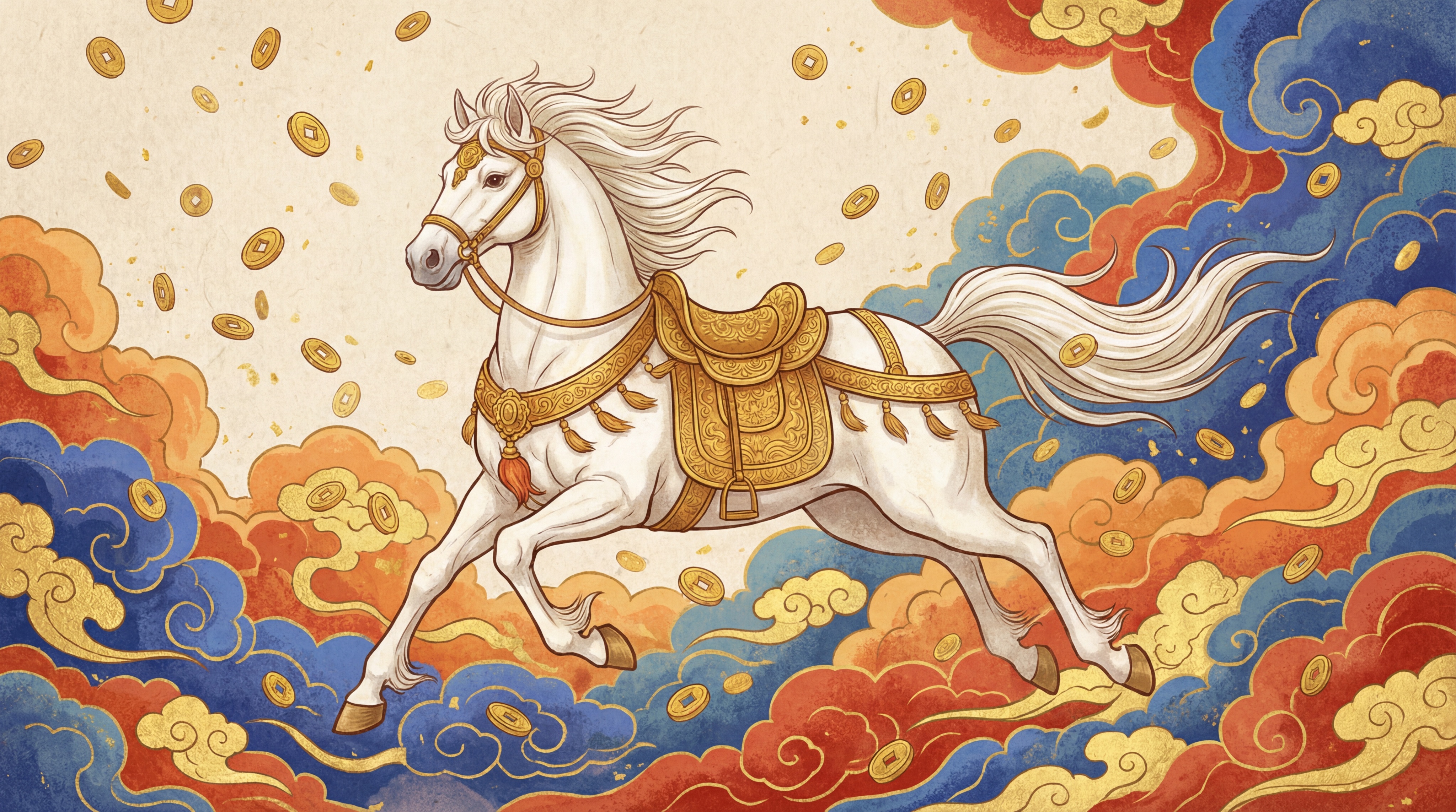 一幅融合了财富与祥瑞主题的敦煌壁画风格国风插画。画面主体是一匹… - 图片创意预览