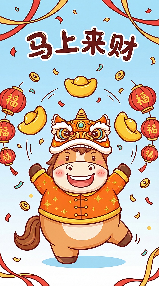 卡通风格插画，拟人化小马戴舞狮头饰，穿国潮唐装，喜庆元素环绕，金元宝飞舞，传递春节“马上来财”祝福。
