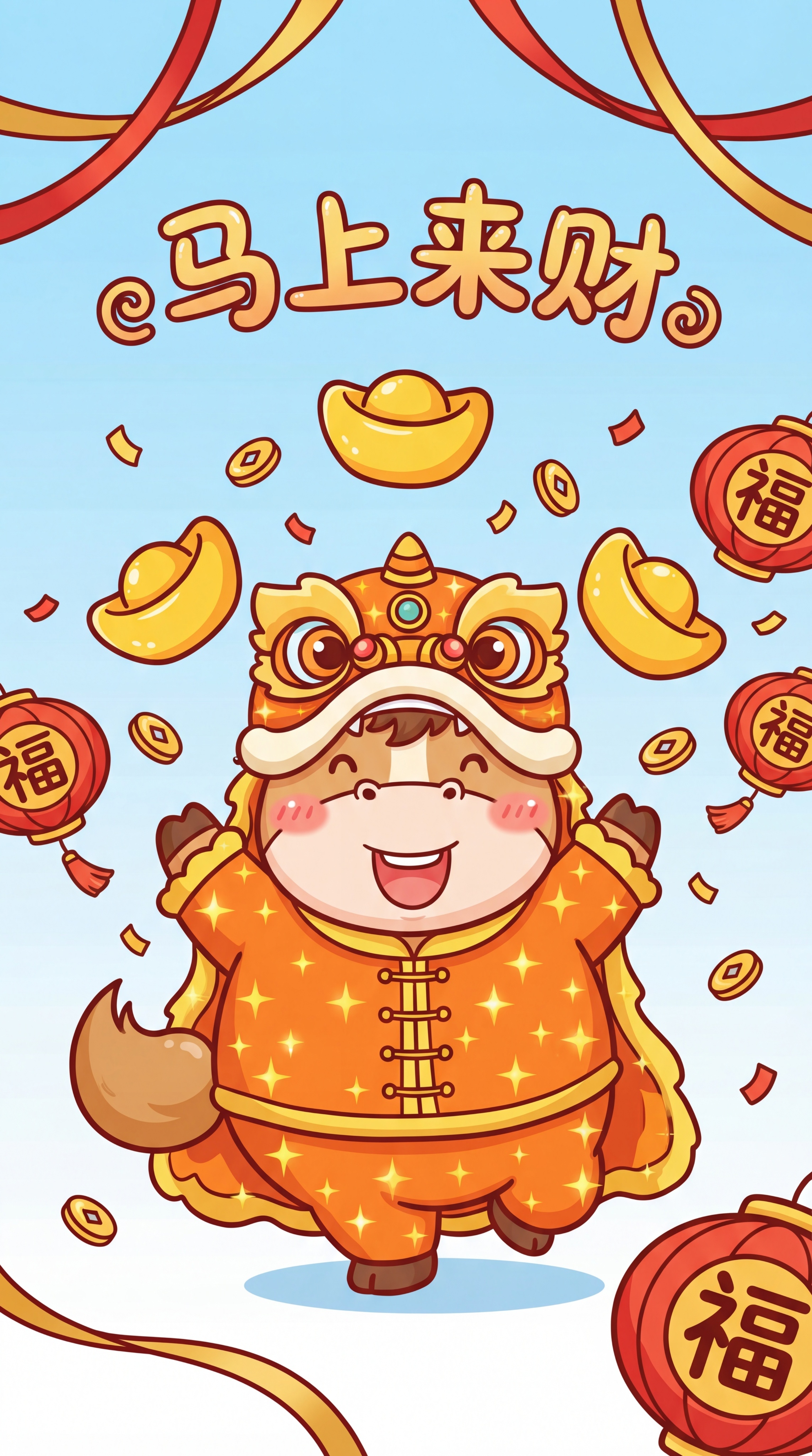 一个马年新春的卡通可爱风格 IP 设计。穿着舞狮服装的马身体圆… - 图片创意预览