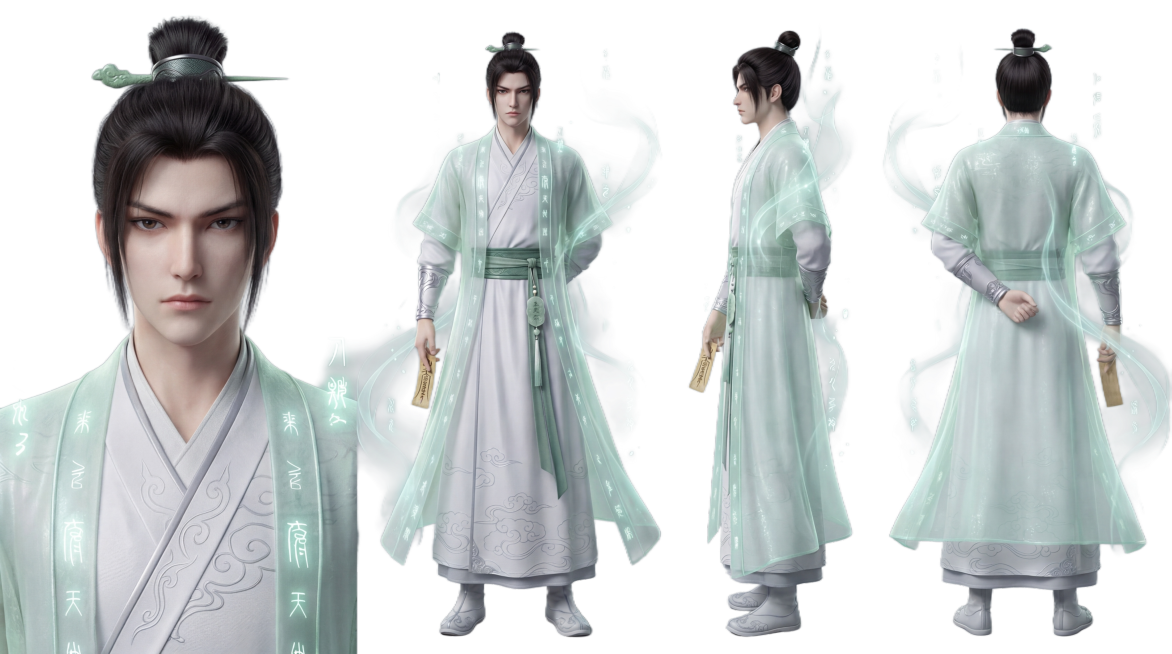 将图一进行四视图排版（参考图二）展示，比例16：9，从左到右依次是一个完整的头部正面特写（占据画面的五分之二） + 一个全身正面 + 一个全身侧面 + 一个全身背面，统一纯灰色背景预览效果