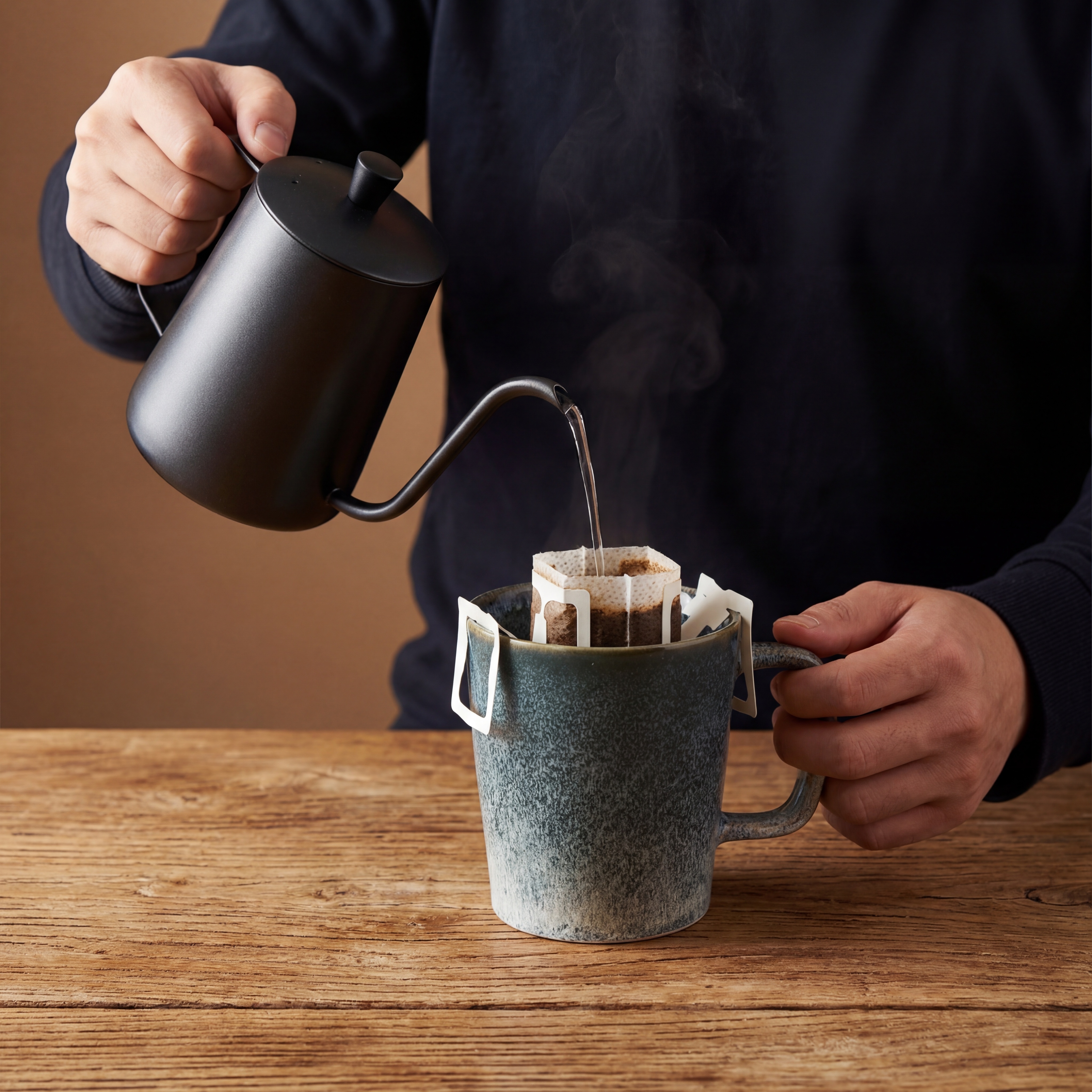 黑色手冲壶正往蓝白渐变纹理陶瓷杯中的挂耳咖啡包注水，水流清晰可… - 图片创意预览