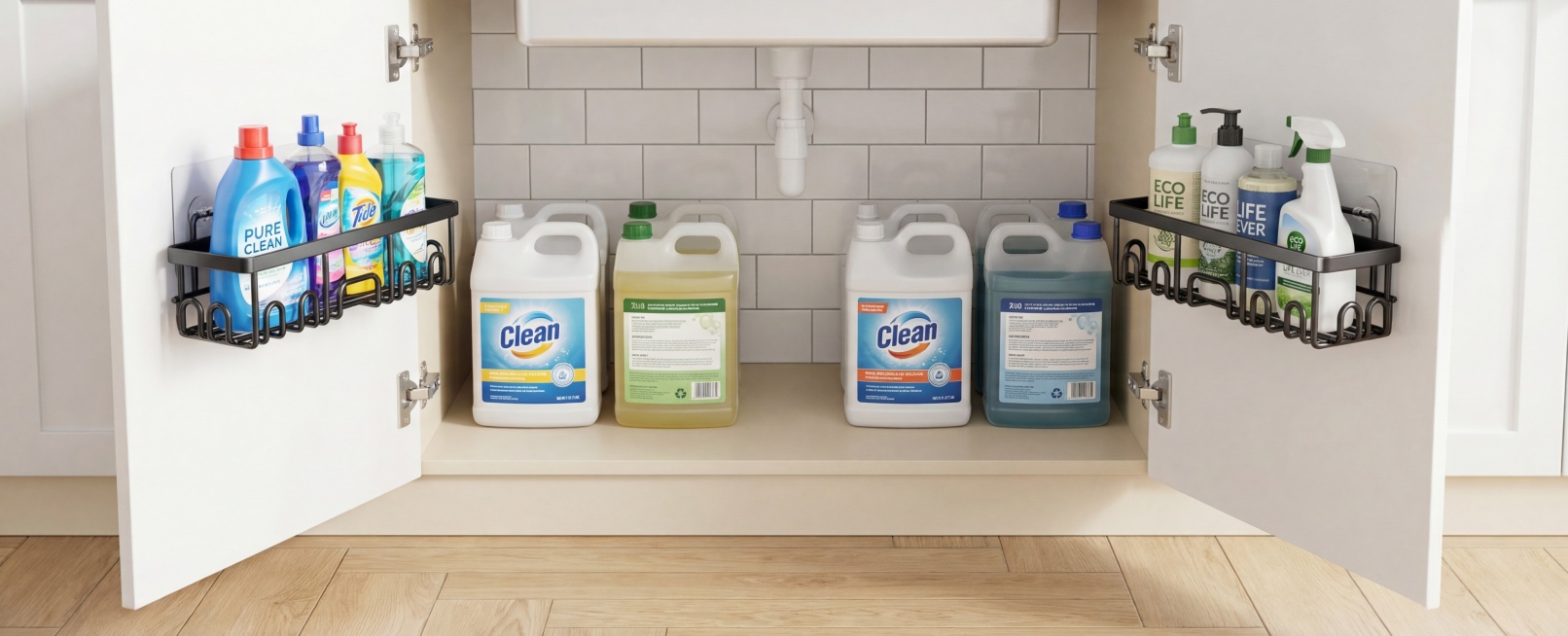 这是一个厨房水槽下方的橱柜内部收纳场景，整体整洁有序，充分利用了空间。
收纳布局：橱柜两侧的门内侧各安装了一个黑色金属挂篮，用来收纳各类清洁用品，让原本容易杂乱的柜内空间变得规整。
物品细节：
左侧挂预览效果