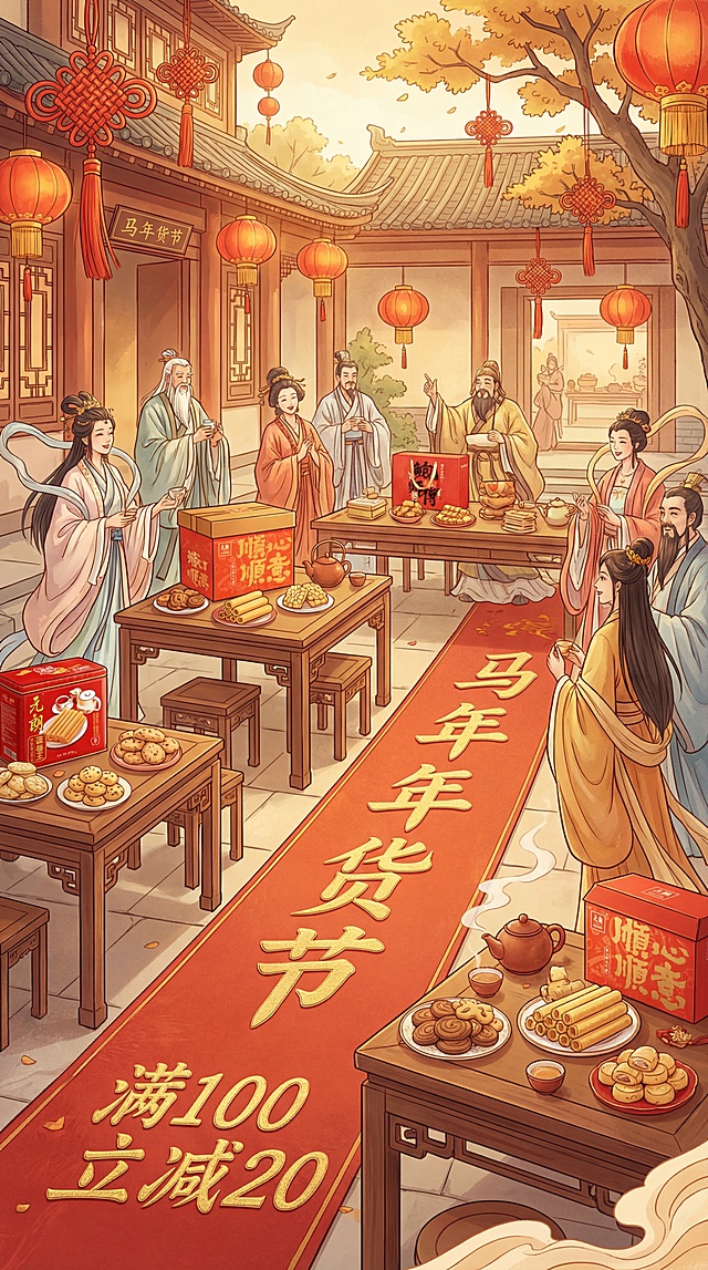 插画风格，以南方院子景观为背景，很多神仙聚在院子里，院子有古风古色的桌凳，桌子上摆放如图物品，都是吃的喝的东西，很美味，画面底部地砖块上铺的红地毯绣着“马年年货节”“满100立减20”，院子装饰中国结、灯笼元素，整体式暖色调喜庆氛围。