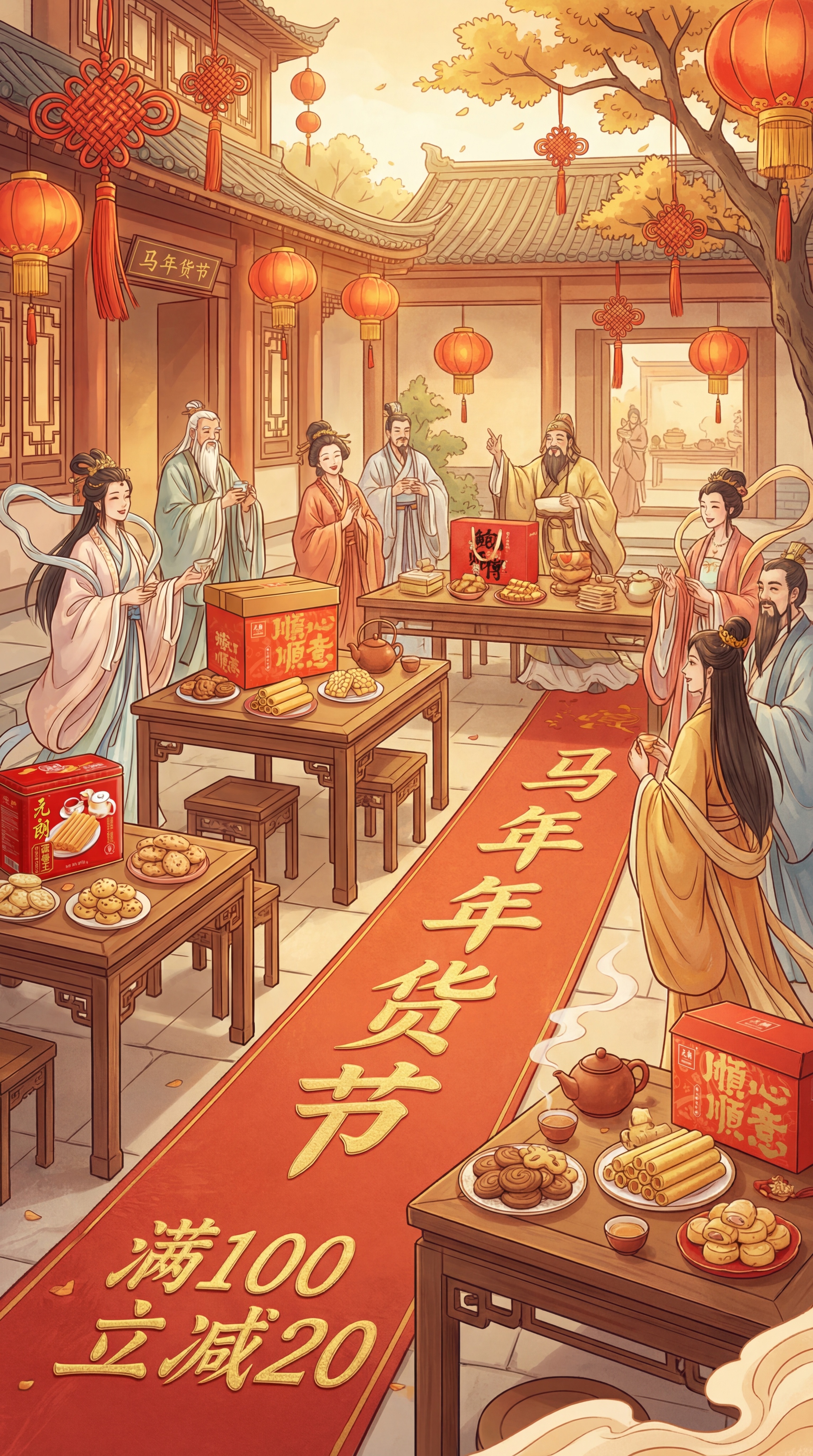 插画风格，以南方院子景观为背景，很多神仙聚在院子里，院子有古风… - 图片创意预览