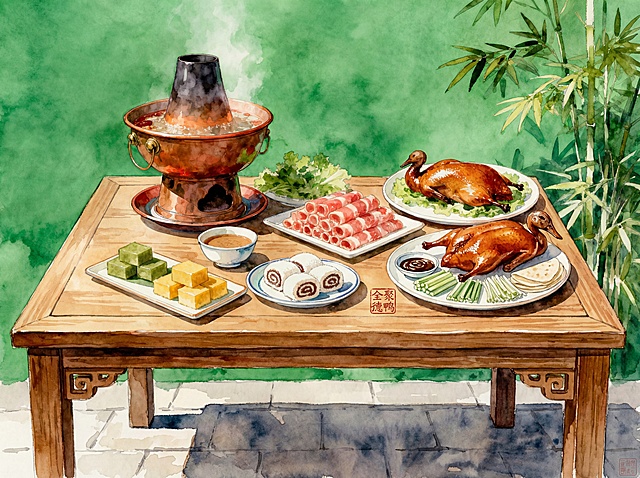 将画面的桌子放正一些，加入烤鸭