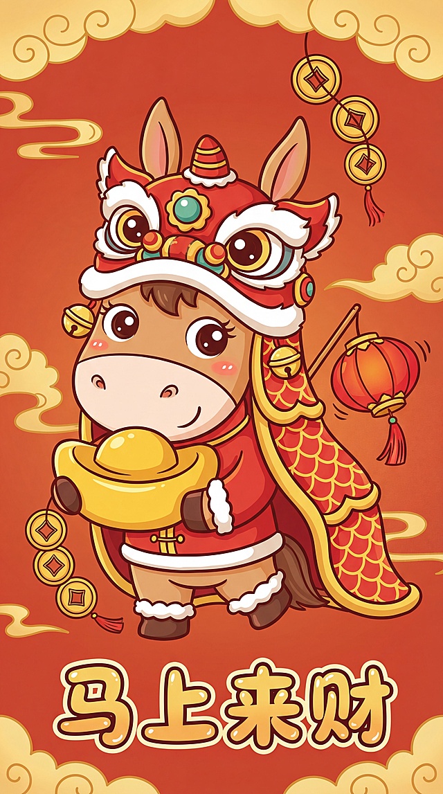 国潮风插画，拟人化小马戴舞狮头饰，手持金元宝与灯笼，剪纸元素点缀，喜庆卡通感十足，传递“马上来财”新春祝福。