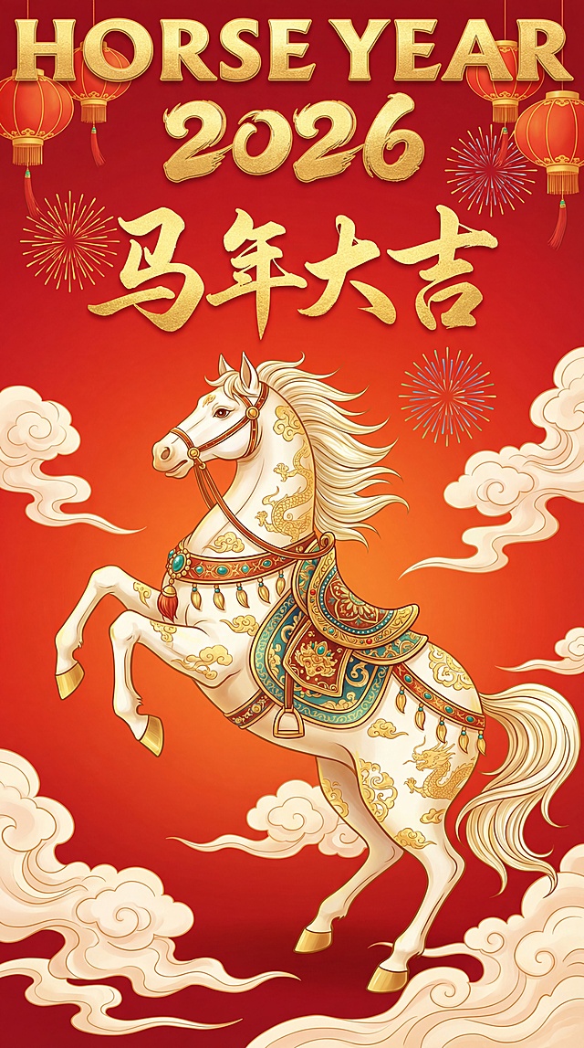 国潮风插画，鎏金浮雕质感骏马腾云，中式古典纹饰与红金配色交织，喜庆祥瑞。