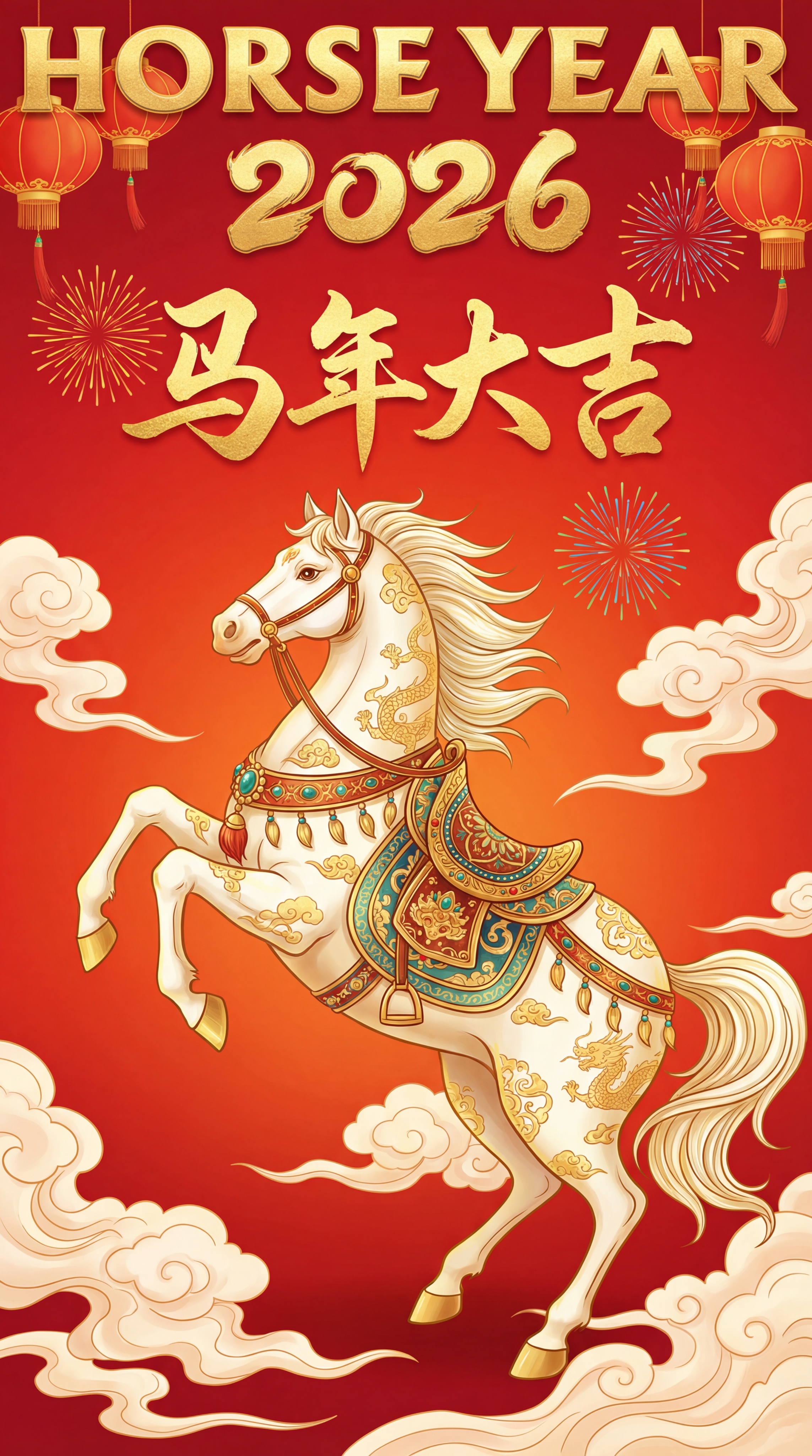 一幅新中式国潮插画，一匹鎏金白马双蹄抬起在红色渐变背景之上。马… - 图片创意预览
