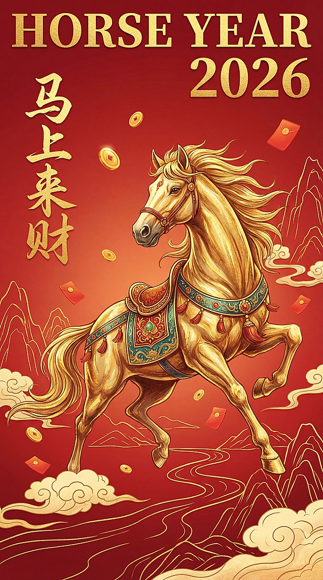 鎏金浮雕风骏马奔腾，国潮插画融合中式古典元素，红金配色尽显喜庆民族感，祥云山川衬托“马上来财”寓意，重拟物细节传递2026马年吉祥祝福。