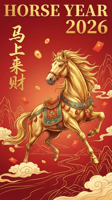 一幅新中式国潮插画，一匹带有鎏金纹理的马，身上配有华丽的马鞍。背景为红色渐变。金币和红包在周围漂浮，象征着繁荣与好运。画面中有鎏金实体勾勒的山水和祥云，增添了传统中式韵味。插画左侧以草书书法字体写着预览效果