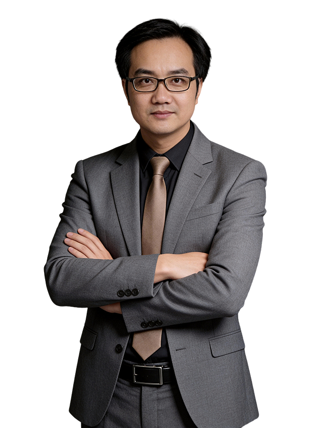 参考第一张图保留人物脸型､年龄等特征生成职场形象照,参考第二张图人物占位和比例,标准焦段50mm,F/4光圈(F/2.8-F/4区间),平视视角(镜头与人物视线齐平);人物占画面70%,人物居中(居中构图),位于画面中心,为视觉聚焦点,入境范围头部及以下至臀部区域(半身像);左右留少量背景空间;头部与画面顶部保留5%空间;头部发型完整;头肩比例协调,身穿修身精纺羊毛混纺面料的灰色西装,平驳领(商务感正式感),西装下摆自然垂度;内搭深色翻领衬衣,搭配高级浅咖色领带(含5%桑蚕丝提升柔光质感),下装精纺羊毛混纺面料的灰色西裤(面料同西装),搭配暗色哑光皮带(宽1.5cm),带扣为长方形拉丝黑色金属(1.8cm×2.5cm);呈正面抱胸的自然站立姿态:左臂搭于右臂上方,肩颈自然松弛下沉,姿态自信从容｡正式严谨专业稳重,身形匀称,姿态端正｡发梢微微修整干练大气,主体锐利,影棚侧光布光(主光来自画面前方),明暗过渡柔和,背景光线均匀,强化色彩对比的高级感｡哑光简约中深灰色纯色背景(呈现均匀柔和质感),极简干净;32K画质超高分辨率､细节清晰,整体风格雅致､兼具现代精致感;肤质精细化处理;眼神直视镜头,目光坚定且澄澈,表情自然.嘴角上扬;面部光比1:1.5,4800K中性光,微微修饰脸型,肤质哑光细腻,面部微微雾面柔光,轻透裸肌感,真实毛孔纹理,32K画质,去除人物之外的所有元素｡严格按照第一张图内容生成｡