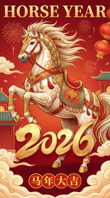 新中式国潮插画风 2026 马年主题竖版海报：主体是一匹装饰华丽的国潮风格骏马，马身以白、金、红为主色调，饰有传统纹样与鎏金纹理，姿态奔腾昂扬；画面中央是艺术化的金色鎏金风格的数字‘2026’，视觉冲预览效果