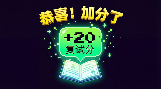 [image-高饱和度UI设计风格。深色背景。画面中央是一本打开的证书。证书上方弹出一个巨大的、发光的绿色像素气泡，显示【复试分+20】。周围有星星闪烁的效果。画面上方悬浮着黄色的立体大字【恭喜！加分了】。视觉反馈极强。]