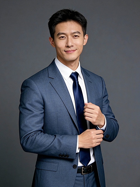 职场蓝灰色西装手扶袖口男士形象照