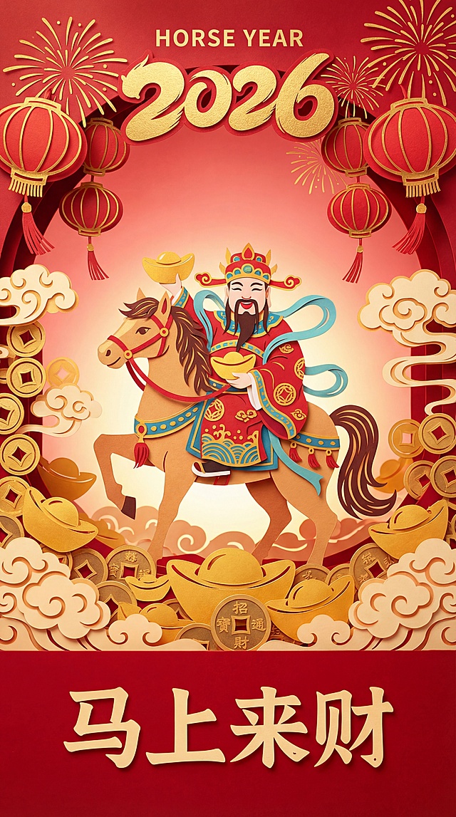 喜庆红金配色，剪纸风艺术，卡通财神骑马踏云，国潮插画风格，浮雕质感突出，寓意“马上来财”，2026马年贺岁主题。