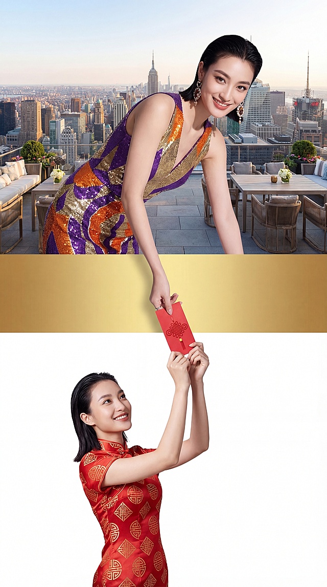 【上层场景，占比45%】：纽约的奢华派对。身穿紫色+橙色+金色的拼接时尚质感高级定制大牌礼服的高级混血亚洲模特，她大眼睛双眼皮，长相很时髦，看向镜头微笑，齐肩短发大背头，侧身弯腰，上半身跨越界面从大街上延伸到底部场景，右手拿着红色红包，从上层画面底部伸出，从中间信息条的上方穿过，传递到下层场景；下层场景中的年轻女性的手抬起接着上层场景递过来的红色红包，红色红包经过中间信息条上面。
	
【中间场景  画面占比15%】：（通栏分割上下两个真实场景），金色渐变背景且布局简洁规整，不放任何文字，上方递出的红色红包显示在中间信息条上面。
	
【下层场景，占比40%】：一位亚洲年轻女性，齐肩短发大背头，红色绸缎旗袍，旗袍上有金色几何条状装饰，站着，女性微笑地高高地抬起手接过从上方传递下来的小小的红色中国结红色红包，手放在在中间场景上拿到（手需要握住红色红包中下部），背景是纯白色