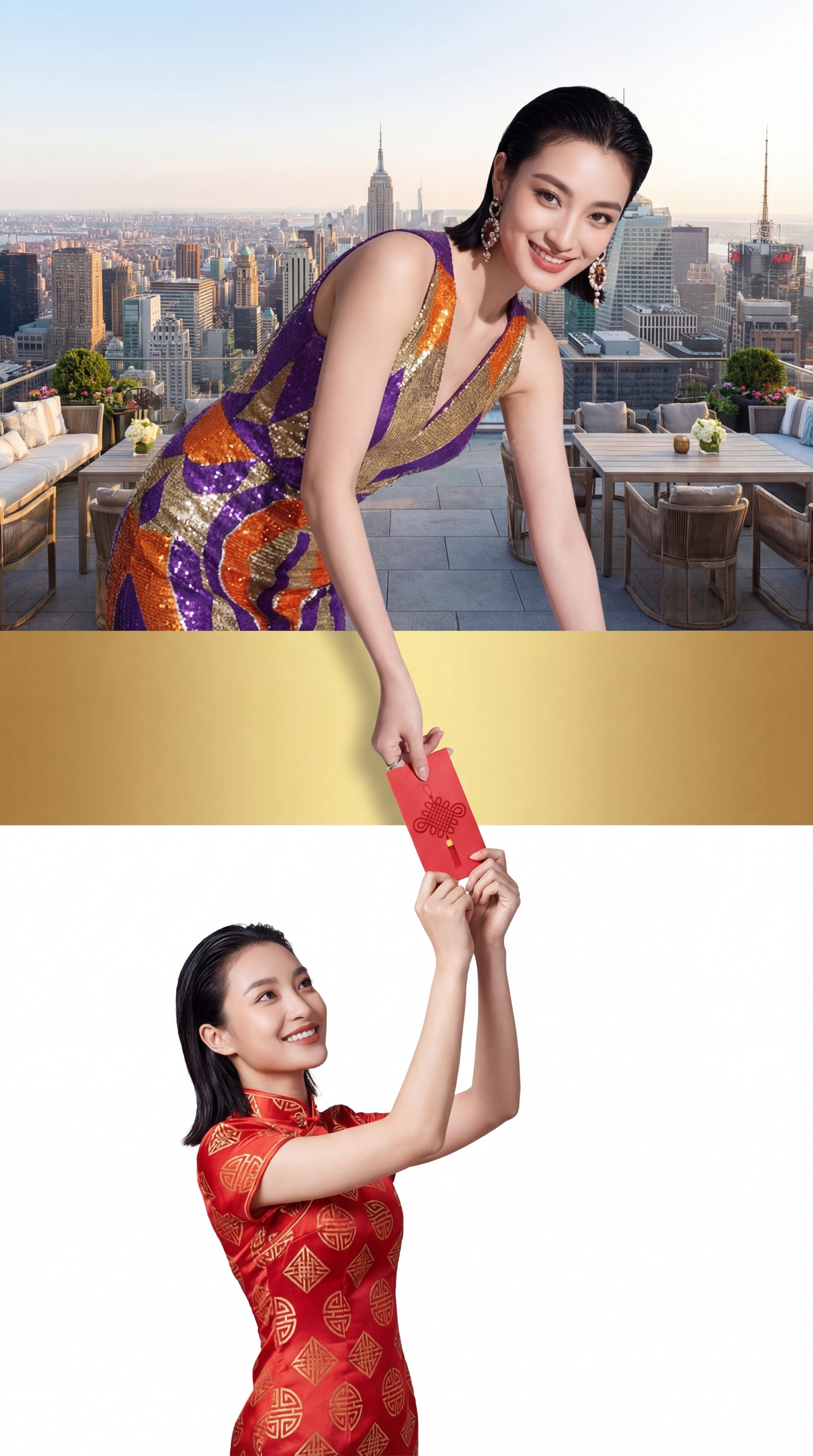 【上层场景，占比45%】：纽约的奢华派对。身穿紫色+橙色+金色… - 图片创意预览