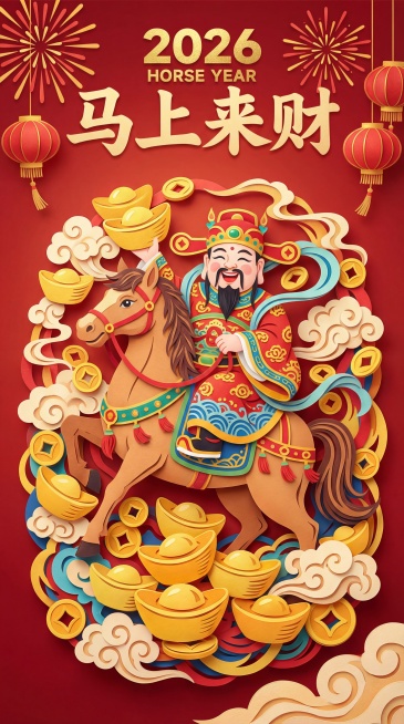 库淑兰剪纸艺术风格，绚烂彩色剪纸，微缩摄影，年味立体剪纸纸雕艺术，财神爷骑着马，金元宝与钱币祥云，顶部的红灯笼、烟花。中国风，东方审美，唯美，极简主义，浅暖色背景，海报构图，极端构图，丰富的镂空细节，预览效果