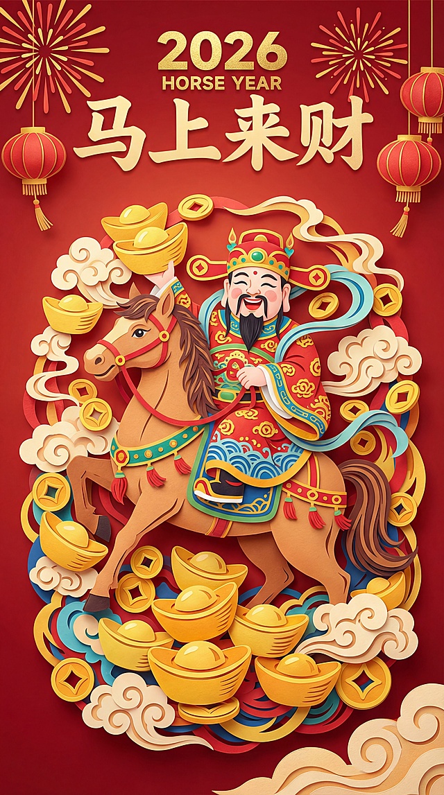 喜庆红金配色，融合剪纸与剪纸风，重拟物浮雕质感，财神骑马携金元宝，祥云环绕，中式年味浓厚，寓意2026马年来财。