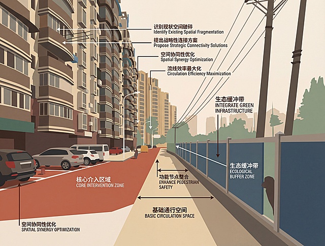 根据参考图生成1张专业建筑空间分析图，[视觉风格]：扁平矢量插画格，人视点透视。将上传的底图转化为平滑的色块，带有细腻的纸张肌理。[色彩逻辑]严格遵循低饱和度秋日色系：陶土红表示"核心介入区域"，炎鼠尾草绿表示"生态缓冲带"，米色表示"基础通行空间"。「信息密度]画面包含极高密度的专业分析标注。使用精细的引线指向空间节点。标注逻辑必须体现"现状问题识别"与"设计策略应对":例如标注"识别现状空间破碎","提出战略性连接方案".[专业词汇]包含诸如"空间协同性优化","流线效率最大化","功能节点整合"等专业英文标注。[画面质感]光影轮廓分明，强调空间的层级感与逻辑严密性，呈现出顶级事务
所竞赛方案的高级感。