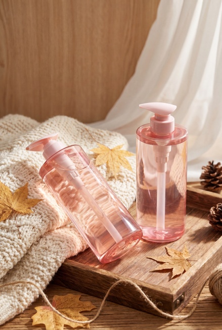 温暖治愈的美妆商业摄影风格，近景特写，暖粉色、米白色、暖木色、金黄色为主的柔和暖色调，自然光侧逆光拍摄，浅景深，两瓶 半透明粉按压泵头洗护产品，一瓶倾斜静置在米白色针织毛毯上、一瓶直立静置，无人物动作预览效果