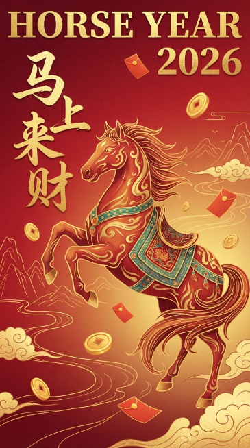 一幅新中式国潮插画，一匹带有鎏金纹理的马，身上配有华丽的马鞍。背景为红色渐变。金币和红包在周围漂浮，象征着繁荣与好运。画面中有鎏金细线勾勒的山水和祥云，增添了传统中式韵味。插画左侧以草书书法字体写着预览效果