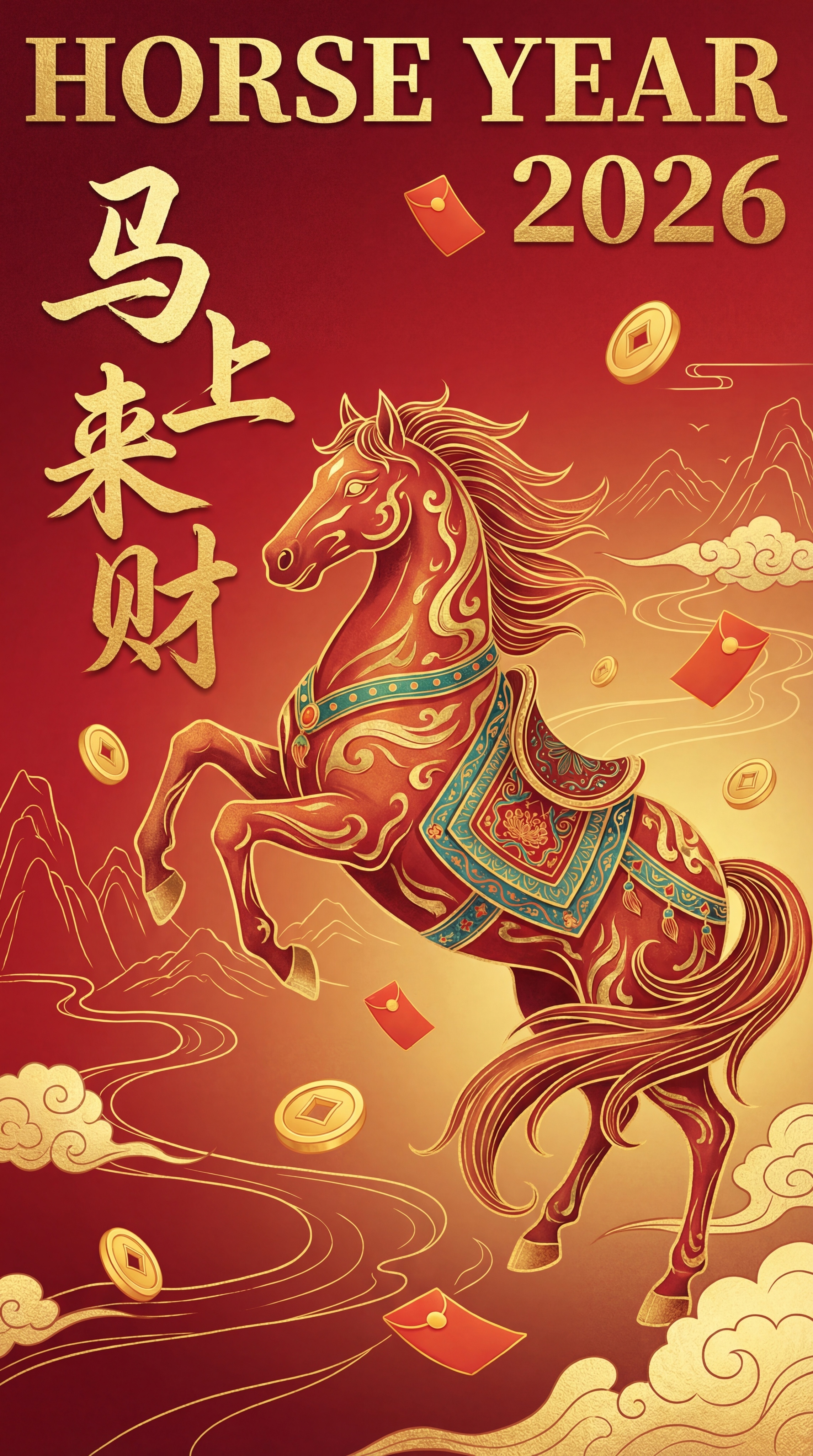 一幅新中式国潮插画，一匹带有鎏金纹理的马，身上配有华丽的马鞍。… - 图片创意预览