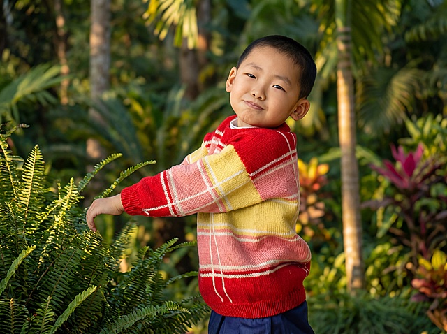 以超写实、超细致的16K单反质量修复照片。修复划痕、撕裂、噪点和模糊。保持自然肤色的同时增强鲜艳色彩。完美锐化面部、头发和衣服细节。增添逼真光影和景深。专业级PS后期处理。高动态范围，超高清，逼真纹理，电影般仕后，清晰干净背景，完全还原和提升原照片，背景换成西双版纳野生动物园热带丛林景观，早8:00艳阳天侧顺光，大光圈，背景虚化