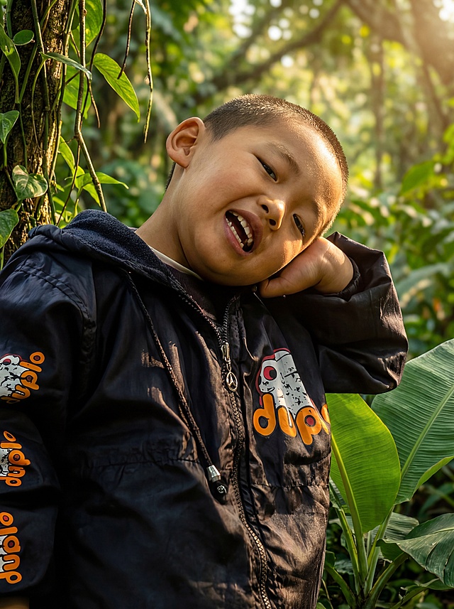 以超写实、超细致的16K单反质量修复照片。修复划痕、撕裂、噪点和模糊。保持自然肤色的同时增强鲜艳色彩。完美锐化面部、头发和衣服细节。增添逼真光影和景深。专业级PS后期处理。高动态范围，超高清，逼真纹理，电影般仕后，清晰干净背景，完全还原和提升原照片，背景换成西双版纳野生动物园热带丛林景观，早8:00艳阳天侧顺光，大光圈，背景虚化