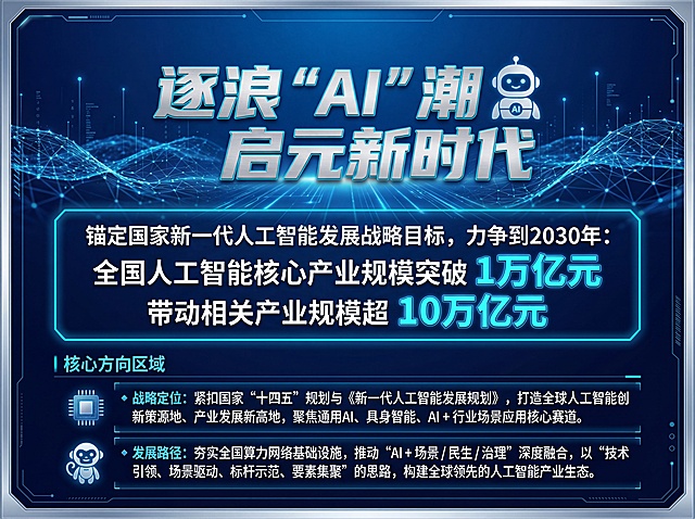 主视觉（居中放大）
逐浪 “AI” 潮，启元新时代
（搭配极简 AI 机器人图标，字体用金属银 + 荧光蓝描边）
核心目标（醒目突出）
锚定国家新一代人工智能发展战略目标
力争到 2030 年：
全国人工智能核心产业规模突破 1 万亿元
带动相关产业规模超 10 万亿元
（数字用荧光蓝加粗放大，字号比正文大 1.5 倍）
核心方向（分栏清晰，左对齐）
🔹 战略定位
紧扣国家 “十四五” 规划与《新一代人工智能发展规划》，打造全球人工智能创新策源地、产业发展新高地，聚焦通用 AI、具身智能、AI + 行业场景应用核心赛道。
🔹 发展路径
夯实全国算力网络基础设施，推动 “AI + 场景 / 民生 / 治理” 深度融合，以 “技术引领、场景驱动、标杆示范、要素集聚” 的思路，构建全球领先的人工智能产业生态。
🎨 设计优化提示
色彩与质感：沿用原图深蓝渐变背景，融入国家战略蓝图风格的数据流与神经网络光效，主标题采用金属拉丝质感，核心数据用发光效果强化视觉冲击。
排版节奏：模块间用细光效线条分隔，预留适当留白，避免信息拥挤，确保 3 米外可快速识别核心数据。
符号强化：在两个核心方向前加入芯片 / 机器猴小图标，增强行业辨识度，同时保持整体简洁科技感。
