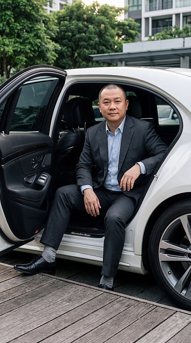核心提示词
 
主体：40岁左右微胖东亚男性，短发，身穿深灰色西装+浅蓝色衬衫+深灰色西裤+灰色丝袜+黑色皮鞋
姿态：半坐在白色轿车后排车门处，一只脚踩在车外木质地板上，另一只脚搭在车内，双手自然搭在腿上
环境：户外停车场景，木质地板，背景为绿树与现代建筑
风格：写实人像摄影，商务休闲风
光影：柔和侧逆光，面部补光自然，明暗层次丰富
色调：深灰、浅蓝、白色为主的沉稳商务色调
视角：正面平视，中景构图
情绪：沉稳自信，神态平和
摄影参数：8K，高清，细节丰富，画质细腻
细节：西装面料质感，丝袜纹理，皮鞋光泽，车门内饰质感，人物占据画面