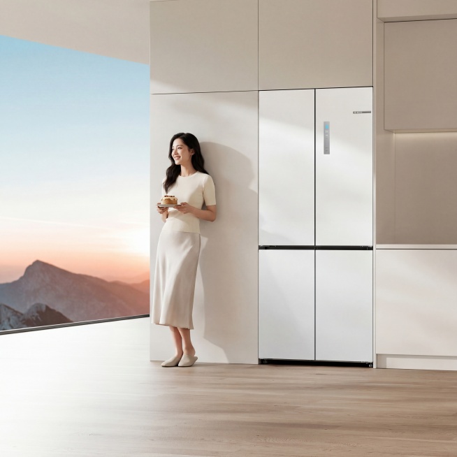 在冰箱左侧增加以为30岁左右的亚洲女性，微笑看着窗外，温柔优雅大气纤瘦女性，画淡妆，穿米白色修身T恤，浅色丝质半身裙，穿包头拖鞋，黑色微卷长发，背轻靠在冰箱边上的墙上，手上拿着蛋糕预览效果