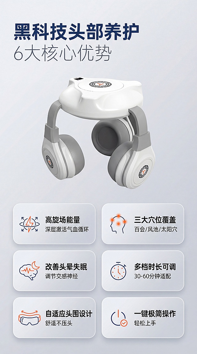 仿生能量共振器淘宝电商详情页海报，一次性生成10张我好进行挑选，8K画质，严格只能使用我上传的参考图产品
# 仿生能量共振器淘宝电商详情页框架（9:16竖版） 主视觉海报 主标题：黑科技头部养护
副标题：6 大核心优势
排版布局：9:16 竖版，顶部主副标题左对齐，主标题用加粗深蓝色无衬线字体，副标题用浅灰色轻盈字体。下方分三行两列布局 6 个卖点卡片，每个卡片为圆角矩形，背景采用浅灰渐变，左侧是线性科技风图标（橙蓝配色），右侧是卖点标题 + 10 字内短描述，整体视觉层次清晰。
卖点内容：
高旋场能量：深层激活气血循环
三大穴位覆盖：百会 / 风池 / 太阳穴
改善头晕失眠：调节交感神经
多档时长可调：30-60 分钟适配
自适应头围设计：舒适不压头
一键极简操作：轻松上手
设计感强调：图标线条简洁流畅，采用橙蓝配色，与品牌视觉系统高度统一；字体选用加粗无衬线体，字号比常规文案大 1.2 倍，确保中老年人清晰可读；卡片间距宽松，避免信息拥挤，浅灰渐变背景搭配细腻阴影，让每个卖点卡片更具立体感，整体既保持科技感的精致，又符合中老年人对 “清晰、舒适” 的阅读需求。