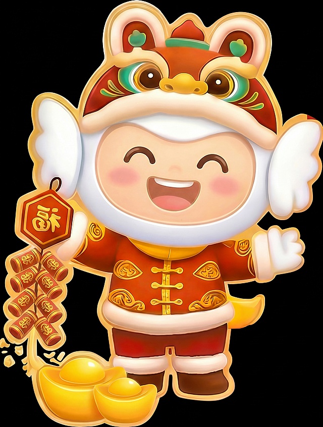 这是一个充满新春喜庆氛围的卡通吉祥物形象，整体以红、金为主色调，搭配白色毛绒元素，萌趣又热闹。
服装细节
头饰：戴着醒狮造型的虎头帽，帽身以红棕色为底色，装饰有金色花纹、绿色和彩色纹样，搭配金色的狮鼻，帽檐是柔软的白色毛绒边，两侧还有白色的耳翼造型，既传统又可爱。
服饰：身着红色中式唐装，衣身布满金色祥云纹样，领口和衣襟处有金色盘扣设计，袖口也镶着白色毛绒，整体造型充满年味与华贵感。
动作神态
它面带灿烂笑容，眼睛弯弯、嘴巴张开，神态活泼又热情。
左手抬起，右手握着一串红色鞭炮，鞭炮上方还挂着一枚红色八角形 “福” 字牌，姿态欢快，仿佛正在热情地传递新年福气。
周边元素
左侧的红色鞭炮带有金色细节装饰，下方还有一枚金色元宝，象征着财富与吉祥，进一步烘托出新春的喜庆氛围