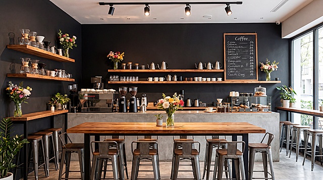 帮我生成这种类似的咖啡馆，要高清，细节16:9