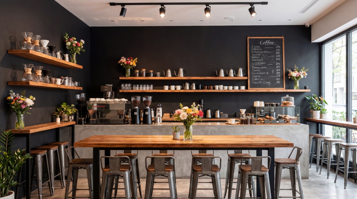 帮我生成这种类似的咖啡馆，要高清，细节16:9预览效果