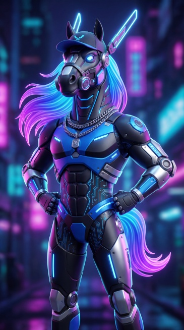 赛博朋克风格马IP形象，拟人化潮酷设定，机械与生物结合的半机械马，未来感十足。头部有科技感面罩和霓虹光效触角，鬃毛为荧光蓝与紫的渐变流光，身体部分覆盖金属机甲，有电路纹路和LED灯带装饰，四肢为机械关预览效果
