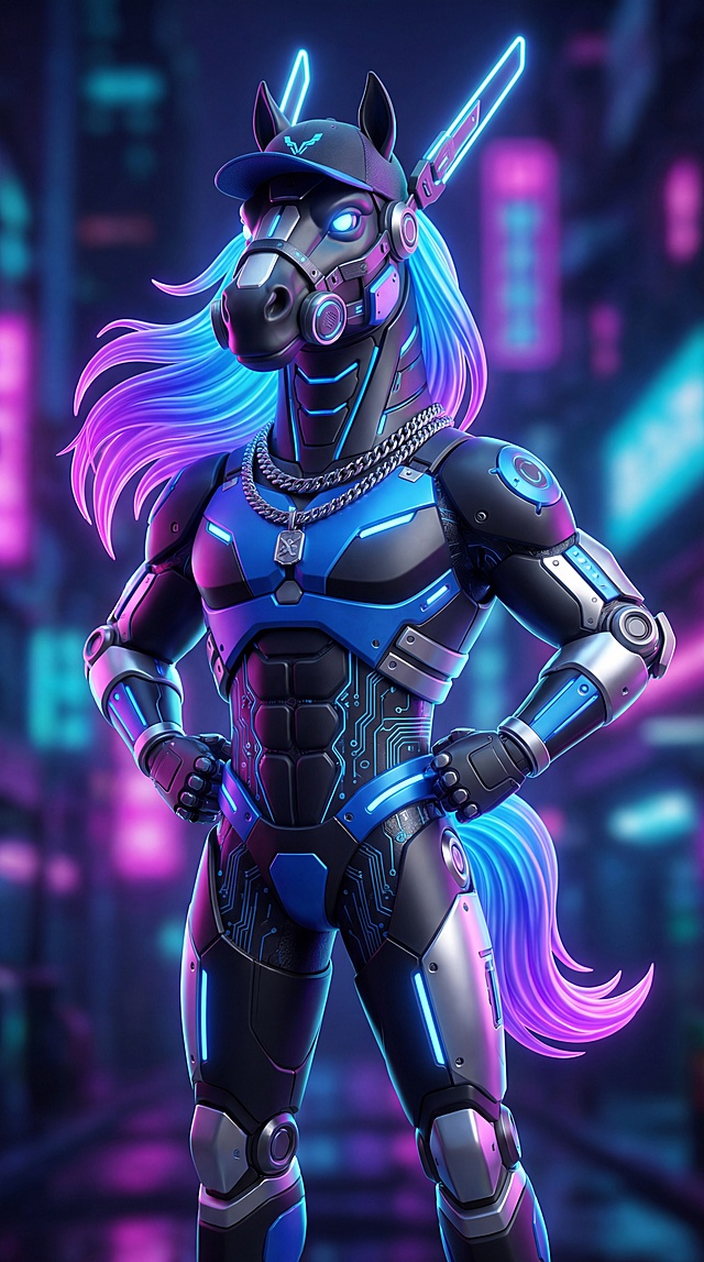 赛博朋克风拟人马，身披金属质感机甲，霓虹蓝紫光效流淌，未来科技与酷炫机能融合，城市夜景为背景，尽显前卫潮流。