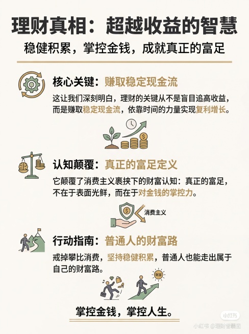 这让我们深刻明白，理财的关键从不是盲目追高收益，而是赚取稳定现金流，依靠时间的力量实现复利增长。

它颠覆了消费主义裹挟下的财富认知：真正的富足，不在于表面光鲜，而在于对金钱的掌控力。戒掉攀比消费，坚预览效果