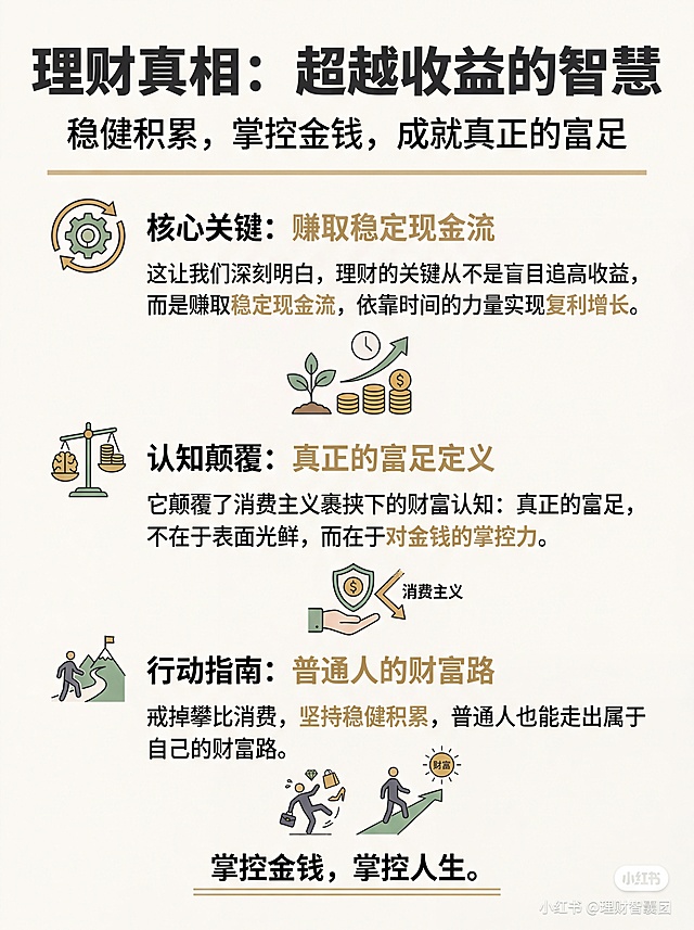 这让我们深刻明白，理财的关键从不是盲目追高收益，而是赚取稳定现金流，依靠时间的力量实现复利增长。

它颠覆了消费主义裹挟下的财富认知：真正的富足，不在于表面光鲜，而在于对金钱的掌控力。戒掉攀比消费，坚持稳健积累，普通人也能走出属于自己的财富路。