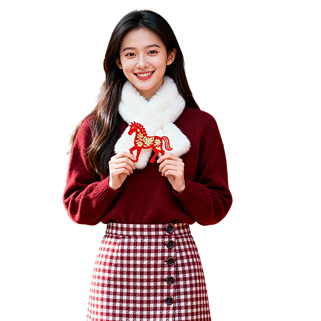 主体是一位年轻的女性。容貌清新自然，眉眼温柔，笑容甜美有感染力；披散着头发，双手拿着带有金色花纹的红色木马剪纸放在胸前。酒红色圆领针织慵懒毛衣，酒红底白格纹高腰排扣半身长裙（深色金属纽扣），白色兔毛短款围巾。正面人像照，背景是红色