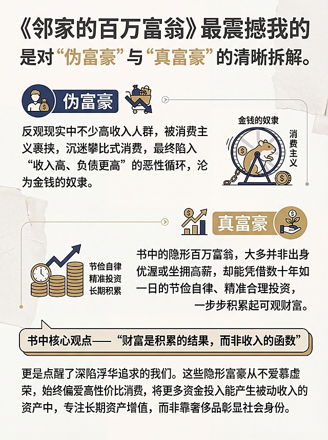 请生成一份图文长图，整体风格要根据文案风格匹配，尺寸适配：1242*1660 px【用途：小红书笔记】。要求：1. 字迹清晰，不增删文案；2. 整体版式需要适合手机竖屏浏览，布局清晰，主次分明。确保所有文字清晰可读，即使是最小的字号在手机上也能轻松阅读。；3. 配色避免超过4种颜色或过于花哨；4. 当插画中出现的文字和文案中有重复时，可以删除相同文案的部分。

《邻家的百万富翁》最震撼我的，是对“伪富豪”与“真富豪”的清晰拆解。书中的隐形百万富翁，大多并非出身优渥或坐拥高薪，却能凭借数十年如一日的节俭自律、精准合理投资，一步步积累起可观财富。反观现实中不少高收入人群，被消费主义裹挟，沉迷攀比式消费，最终陷入“收入高、负债更高”的恶性循环，沦为金钱的奴隶。

书中核心观点——“财富是积累的结果，而非收入的函数”，更是点醒了深陷浮华追求的我们。这些隐形富豪从不爱慕虚荣，始终偏爱高性价比消费，将更多资金投入能产生被动收入的资产中，专注长期资产增值，而非靠奢侈品彰显社会身份。