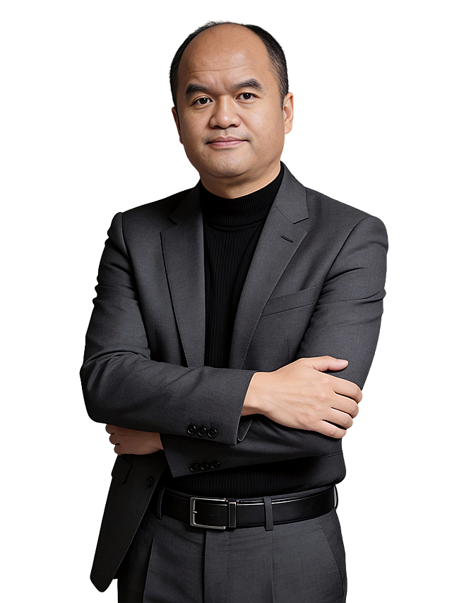 参考第一张图保留人物脸型､发型､年龄等特征生成职场形象照,参考第二张图人物占位和比例,标准焦段50mm,F/4光圈(F/2.8-F/4区间),平视视角(镜头与人物视线齐平);人物占画面70%,人物居中(居中构图),位于画面中心,为视觉聚焦点,入境范围头部及以下至臀部下方10cm(半身像);左右留少量背景空间;头部与画面顶部保留5%空间;头部发型完整,头肩比例协调;身穿修身精纺羊毛混纺面料的深灰色西装外套(含5%桑蚕丝提升柔光质感),平驳领(商务感正式感),左胸袋无口袋巾(简化高级感),西装下摆自然垂度;内搭黑色中领紧身针织上衣,下装精纺羊毛混纺面料的深灰色高腰直筒西裤(面料同西装),搭配黑色哑光头层牛皮皮带(宽1.5cm),带扣为长方形拉丝黑色金属(1.8cm×2.5cm);呈正面抱胸的自然站立姿态:左臂搭于右臂上方,肩颈自然松弛下沉,姿态自信从容｡正式严谨专业稳重,身形匀称,姿态端正｡发梢微微修整干练大气,主体锐利,影棚侧光布光(主光来自画面前方),明暗过渡柔和,背景光线均匀,强化色彩对比的高级感｡哑光简约中深灰色纯色背景(呈现均匀柔和质感),极简干净;32K画质超高分辨率､细节清晰,整体风格雅致､兼具现代精致感;肤质精细化处理;眼神直视镜头,目光坚定且澄澈,表情自然.嘴角上扬;面部光比1:1.5,4800K中性光,微微修饰脸型,肤质哑光细腻,面部雾面柔光,轻透裸肌感,真实毛孔纹理,32K画质,去除人物之外的所有元素｡