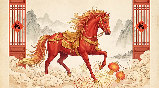 工笔风插画，红马踏云前行，鎏金鞍鞯辉映，水墨山水背景，福字门框与灯笼点缀，尽显中式古典喜庆与国潮韵味。