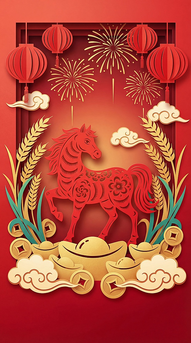 剪纸风与撕纸风结合，红金配色尽显喜庆感，中式元素如灯笼、烟花、祥云与马年主题巧妙融合，浮雕层次营造国潮视觉盛宴，寓意新春吉祥富贵。