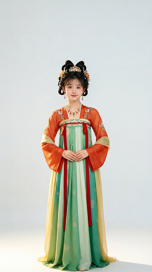 调整参考图中的人物站姿，让其正面全身站立，姿势和头部调整为标准端正的站姿，两个肩膀平行端正，嘴角微笑幅度收敛一些，双手自然叠放在腹部，其他保持不变