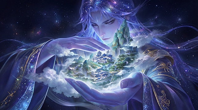 梦幻星空下，仙人掌中悬浮仙境，鎏金衣袂流转，微缩山水如诗如画，粒子光晕交织，尽显神圣静谧之美。