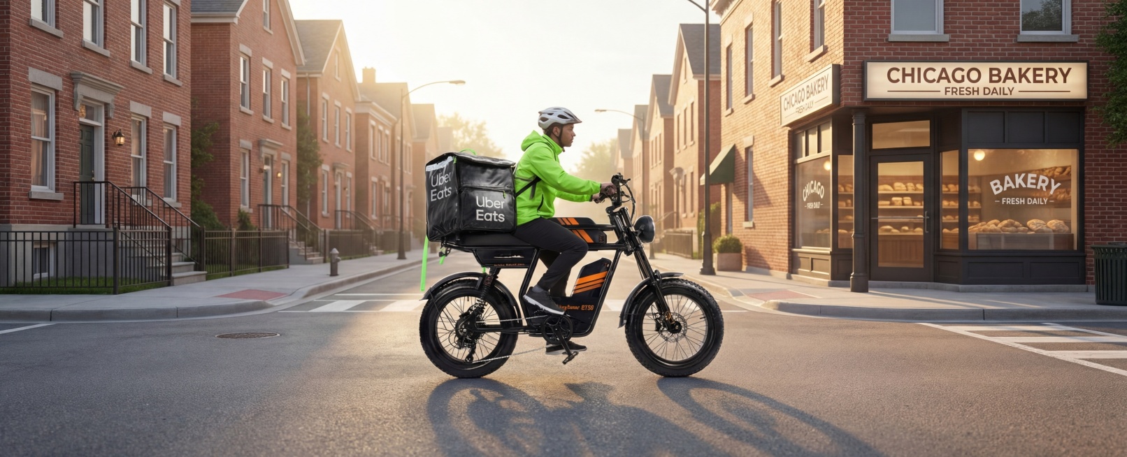 写实摄影，保留原图中黑色带橙色条纹的电动车及 Uber Eats 配送箱的外观、形状与位置完全不变，一位身着荧光绿配送服、头戴银白色头盔的美国外卖员正骑行在芝加哥的社区街道上。背景是红砖独栋住宅与干净预览效果