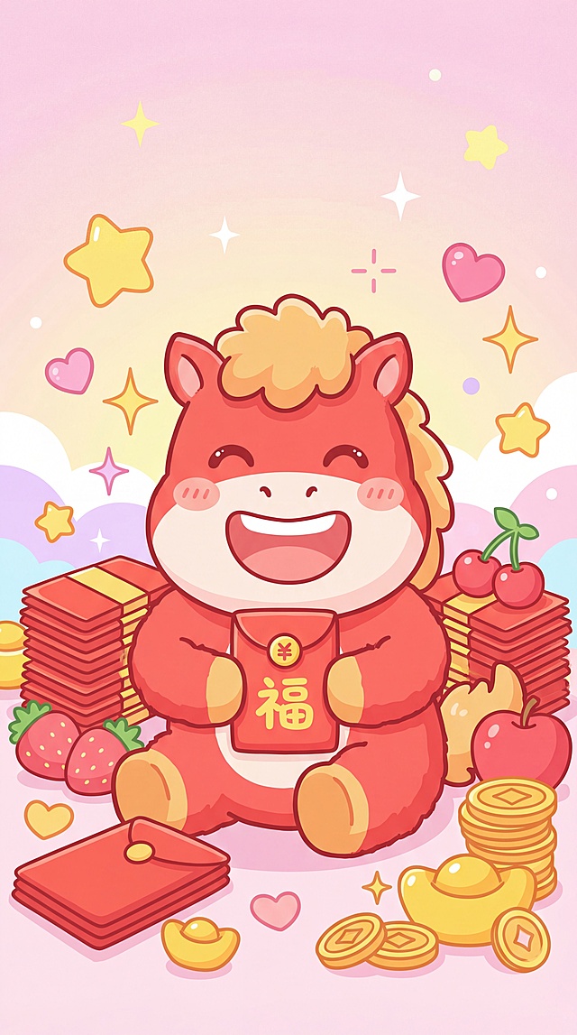 国潮风插画，拟人化小马手持福字红包，环绕金币、水果与星光，喜庆可爱，毛发生长细节丰富，浮雕感十足，洋溢新春祝福。